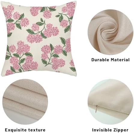 Preppy Pink Pillow Covers 22x22 Inch 2 Pcs Green Hydrangea Flower Decor Throw Pillows Vintage Floral Seasonal Spring Summer Outdoor Decoration Pillowcase Linen Cushion Cover for Couch Sofa - Image 7