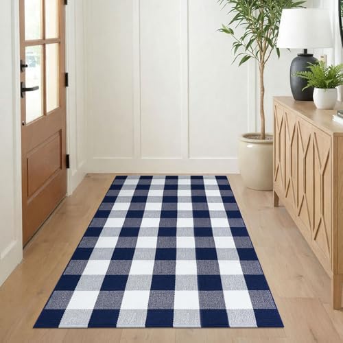 KILOCOCO Buffalo Plaid Checkered Rug 3x5 ft Blue and White Front Door Rug - Image 3