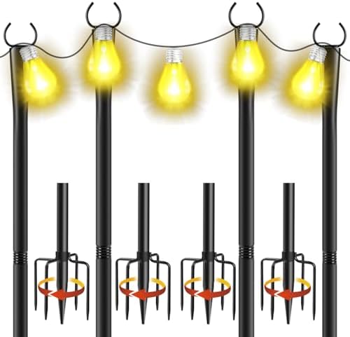 4 Pack 10Ft String Light Poles, Metal Poles with Fork for Outside Lights, Outdoor Metal Light Stand with Fence Brackets Hanging Lights for Garden Patio Wedding Backyard by CYMUBER
