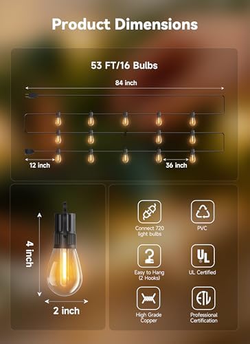 Minetom 53FT Outdoor String LED Patio Lights Waterproof,Shatterproof S14 Vintage Edison Bulbs,Commercial Grade Outside Hanging Lights Waterproof for Porch Deck Garden Backyard Balcony Cafe Bistro - Image 3