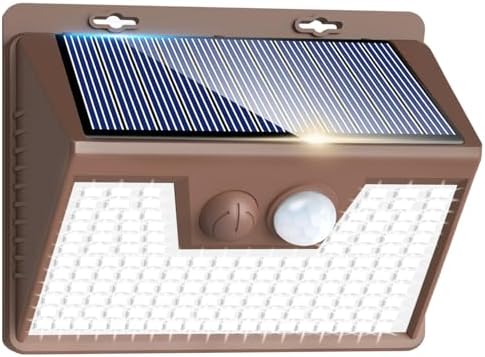 Peasur Solar Lights Outdoor Motion Sensor [1 Pack/140LED/Brown], Ultra-Bright 3 Mode Fence Security Light Waterproof, Solar Wall Lighting for Patio Yard Step House Outside by Peasur