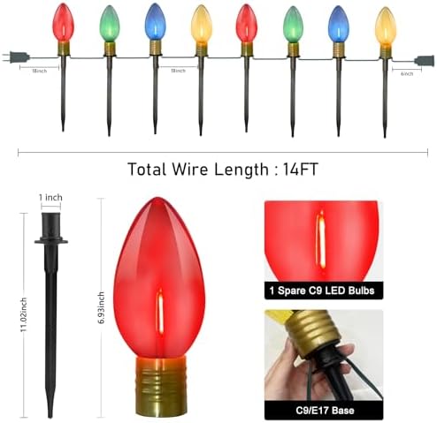 Abeja 2 Pack 7Ft C9 Outdoor Pathway Lights, Outdoor Christmas Pathway Markers Stakes Lights with 8 Jumbo C9 Multicolor LED Bulbs, Connectable Christmas Yard Decoration for Driveways Garden Holiday - Image 2