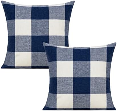 VAKADO Navy Blue White Outdoor Buffalo Plaids Throw Pillow Covers Farmhouse Retro Decorative Dark Blue Check Cushion Cases Home Decor for Patio Couch Porch Sofa Furniture 26x26 Set of 2 by VAKADO