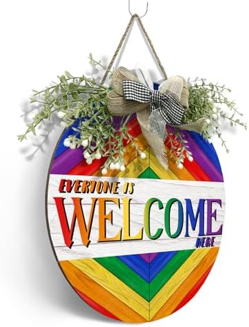 Everyone is Welcome Here Door Wreath Gay Pride Rainbow Wood Door Sign LGBT Welcome Door Hangers with Bow Diversity Decorations Yard Sign Decor for Outdoor Garden - Image 7