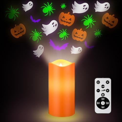 Baquler Halloween Projector Candle Ghost Projector Light Halloween Indoor Decoration Spooky Scary LED Flameless Candle Battery Operated Night Light with Remote and Timer Bedroom Home Decor Party Gift by Baquler