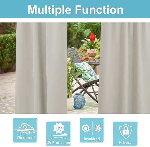 RYB HOME Extra Wide Outdoor Curtains for Patio Waterproof Heavy Duty Thermal Insulated in Summer Full Coverage Privacy for Porch, Gazebo & Pergola, W100 x L84, Natural, 1 Panel - Image 5