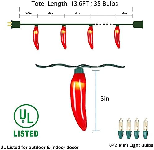 Chili Pepper String Lights Plug in, 13.6Ft 35 LED Red Chili Pepper Christmas Lights, Connectable Chili Lights UL Listed for Outdoor Indoor Kitchen Garden Fiesta Patio Mexican Party Decor, Green Wire - Image 3