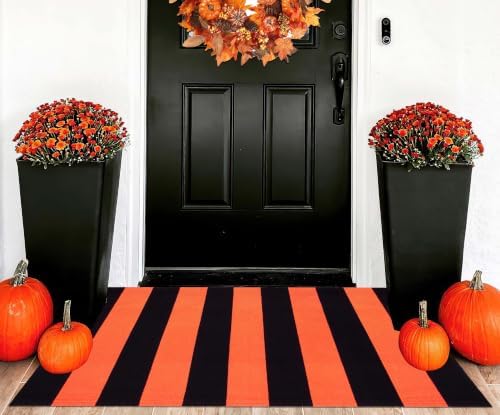Striped Layered Doormat 27.5"x43",Orange Black Farmhouse Front Porch Rug - Image 7