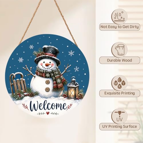 Winter Welcome Sign for Front Door Decor Christmas Snowman Snowflake Round Outdoor Hanging Wooden Door Sign for Porch Blue Xmas Holiday Wreath Hanger Sign for Outside Indoor Wall Decoration 12"X12" - Image 3