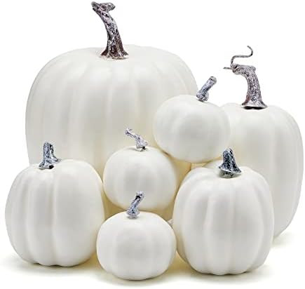 7Pcs Artificial Pumpkins of all Styles Halloween Decoration Rural Style Farmhouse Foam Pumpkin Harvest Season Thanksgiving Day is Suitable for Table top House Dining Table Party Decoration (White) by LULU+Deer