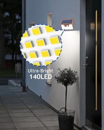 Peasur Solar Lights Outdoor Motion Sensor [1 Pack/140LED/Brown], Ultra-Bright 3 Mode Fence Security Light Waterproof, Solar Wall Lighting for Patio Yard Step House Outside - Image 2