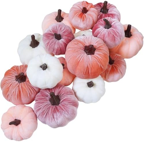 Winlyn 16 Pcs Assorted Artificial Velvet Pumpkins Blush Coral Pink Peach Cream Decorative Fabric Foam Pumpkins for Fall Wedding Baby Shower Thanksgiving Pastel Halloween Wreath Table Décor by Winlyn