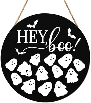 Hey Boo Sign 12x12 Inch Halloween Wreaths for Front Door Halloween Ghost Wood Door Hanger Black Boo Sign Farmhouse Holiday Decorations Wall Hanging Plaque for Trick or Treat Party Inside Outside by welcometoourhome
