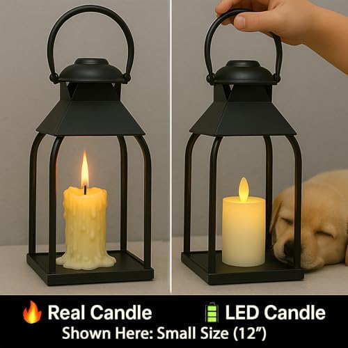 Decorative Metal Lanterns Indoor Outdoor, Candle Holder for Porch, Patio, Fireplace, Floor, Wedding, Christmas, Fall, Holiday, Farmhouse Table Centerpiece (Black, Set of 2 15.7" 12") - Image 3
