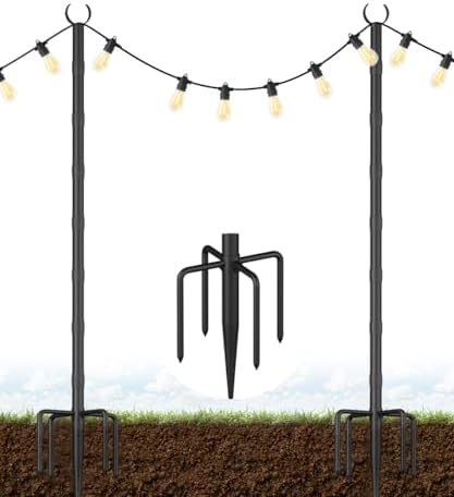 10Ft String Light Poles for Grass & Soil, Outdoor Light Stand with 5-Prong Fork Base, Heavy-Duty Metal Poles for Backyard, Garden & Patio Party Lighting, Rustproof & Adjustable, 2 Pack by Tigerden