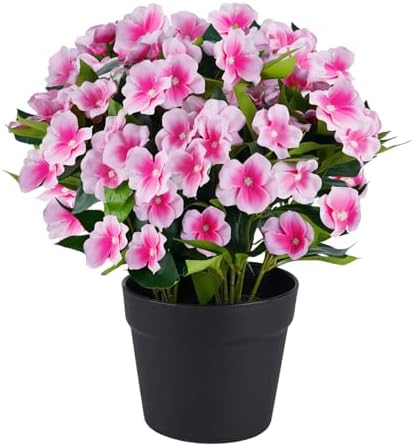Artificial Impatiens Flowers in Pot for Outdoor 14 Inch Fake Plants by Unknown