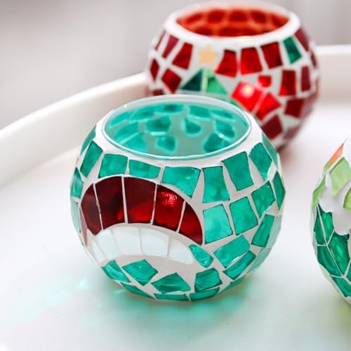 4 PCS Mosaic Glass Tealight Votive Candle Holders - Red & Green Christmas Table Centerpiece Decorations for Indoor/Outdoor Holiday Decor - Image 3