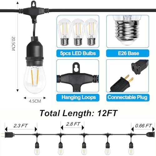 Outdoor String Lights 12FT with 5 Shatterproof S14 LED Bulbs - Image 3