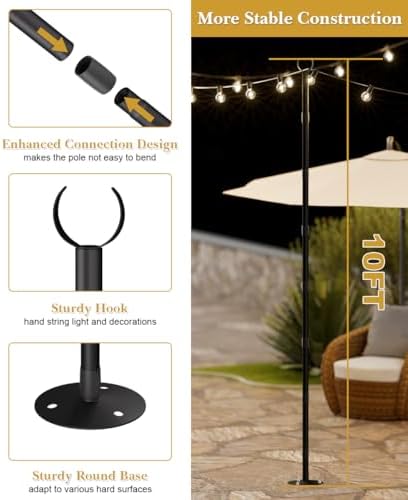 10Ft String Light Poles for Hard Surfaces, Outdoor Light Stand for Backyard, Garden & Patio Party Lighting, Heavy-Duty Metal Poles with Waterproof Finish, Rustproof & Adjustable - Image 2
