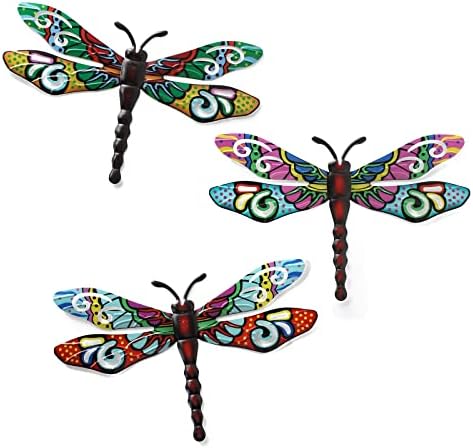 Metal Dragonfly Wall Decor，Outdoor Patio Fenxce Wall Art,Hanging Decorations for Living Room, Bedroom, 3 Pack by Scwhousi
