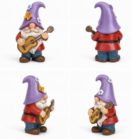GoGnome Musical Gnome Figurine with Guitar – Handcrafted Resin Garden or Shelf Decoration, 6.2" Tall Whimsical Gnome Statue with Purple Hat, Flowers & Butterfly, Gift for Music Lovers (Purple) - Image 5