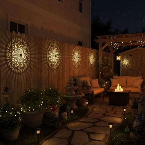 gardencave 2 Pack Solar Fence Lights Metal Solar Powered Outdoor Deck Step Wall Lights Mandala Theme Waterproof Fence Light for Garden Post Patio Backyard Yard Decor (2 Pack) - Image 2