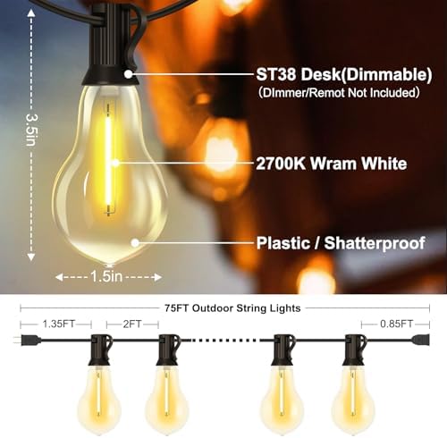 75FT Outdoor String Lights with 35 Bulbs(2FT Spacing), 3 Spare Bulbs - Image 6