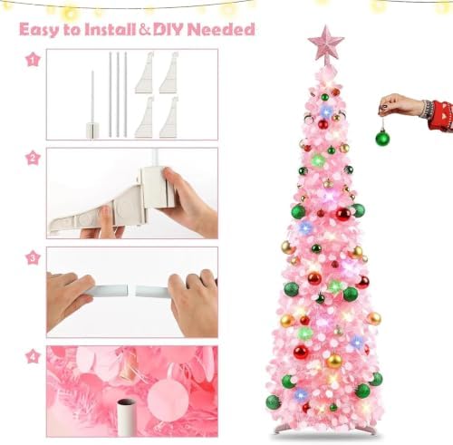 N&T NIETING Pop Up Christmas Tree with Lights & 30 Balls, 5Ft Collapsible Pink Tinsel Tree Decorations for Holiday Home Office Decor, Pink - Image 4