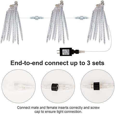 WATERGLIDE Meteor Shower Lights, 12" Outdoor Icicle Christmas Lights 8 Icicles 192 SMD LED Crystal Ice Falling Light, Connectable Raindrop Iciclelight, Xmas Winter Party Tree Holiday Decor, White - Image 6