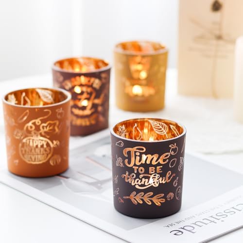 SHMILMH Glass Votive Candle Holders 4PCS Thanksgiving Tealight Candle Holders for Fall Table Centerpiece, Thanksgiving Decorations Indoor or Outdoor D?or - Image 2
