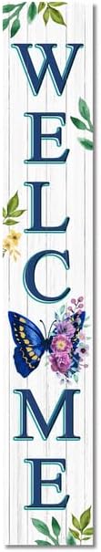 Spring Welcome Porch Decor Butterfly Vertical Standing Sign Rustic Seasonal Wooden Leaner for Front Door Farmhouse Yard 48x8 Inch by Unknown