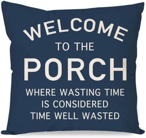 PANDICORN Throw Pillow Cover 18x18 Inch Welcome to the Porch, Navy Blue by PANDICORN