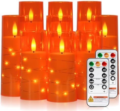 Raycare 9 Pcs Orange Halloween Flameless Pillar Candles with Remote Timer by Raycare