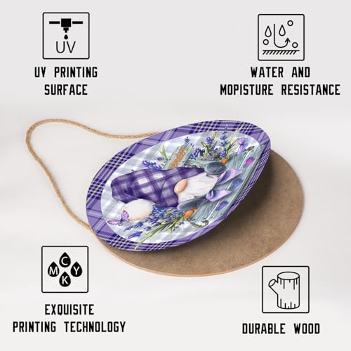 Spring Summer Gnome Lavender Flower Sign for Front Door 12"x12" Purple Floral Buffalo Plaid Wood Door Hanger for Outdoor Outside Porch Spring Summer Farmhouse Wooden Wreath for Wall Porch Yard - Image 3