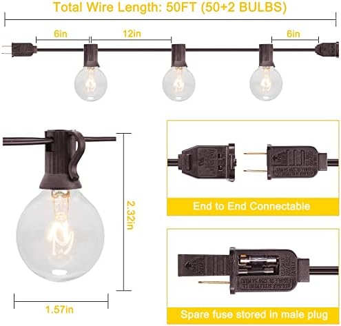 G40 Outdoor String Lights, 50Ft Hanging Outdoor Patio Lights with 53 Clear Globe Bulbs (3 Spare), Connectable Backyard Lights for Indoor Outdoor Porch Balcony Party Commercial Decoration- Brown Wire - Image 2