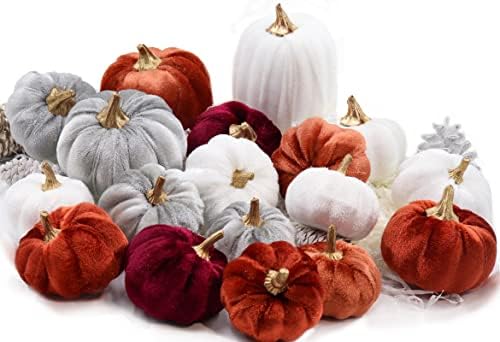 Thanksgiving Velvet Pumpkins, 18 PCS Fall Table Decorations for Home, Artificial Pumpkins Set for Fall Autumn Harvest, Thanksgiving, Wedding by Fsforcar