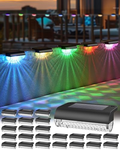 Herzila 24 Pack Solar Fence Lights Outdoor Color Changing Solar Deck Lights Waterproof Led Step Lights for Outdoor Stairs, Auto Dusk-to-Dawn, Low Profile, for Vinyl Fence Railing Deck Patio Yard by Herzila