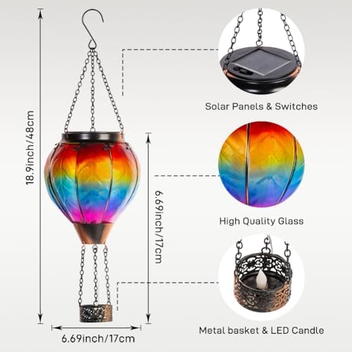 Starsoul Hot Air Balloon Solar Lantern with Candle Holder Flickering Flame Hanging Garden Light Waterproof Glass Solar Lanterns Outdoor Waterproof Decorative for Lawn Porch Tree Yard - Image 3