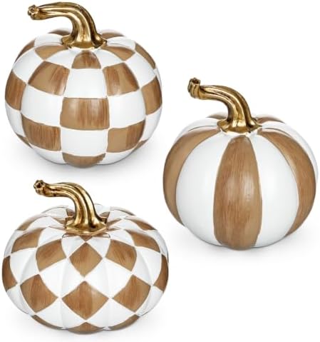 Briful 3-Piece Brown and White Resin Pumpkin Set, Modern Fall Decor by Briful