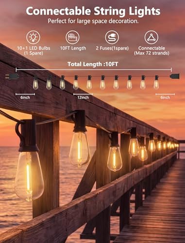 10FT Outdoor String Lights, 10 ST40 Edison LED Patio Lights - Image 2