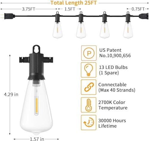ZOTOYI Outdoor String Lights 25FT, Waterproof IP65 Patio Lights with 13 Shatterproof ST38 LED Bulbs, Outside Hanging Light Dimmable for Backyard, Bistro, Cafe, Garden 2700K Warm White - Image 3