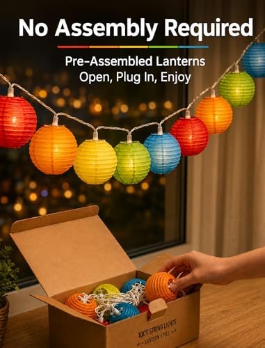 8.5Ft Multicolor Lantern String Lights, Summer Hanging String Lights with 10 Colorful Lanterns, Nylon Lights for Indoor Outdoor Party Decor, White Wire - Image 3