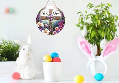 WaaHome He is Risen Sign Wreath for Front Door Decor Religious Cross Easter Hanging Door Decorations, Farmhouse Flower He is Risen Door Sign Hanger for Home Spring Wall Indoor Outdoor Decorations - Image 4