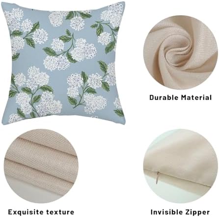 Light Blue Pillow Covers 16x16 Inch 2 Pcs Blue Green Hydrangea Flower Decor Throw Pillows Vintage Floral Seasonal Spring Summer Outdoor Decoration Pillowcase Linen Cushion Cover for Couch Sofa - Image 7