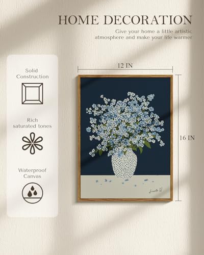 Vintage Framed Floral Wall Art 12x16, Blue White Baby’s Breath Flower in Polka Dot Vase Print, Minimalist Modern Nordic Botanical Canvas Artwork, Entryway Bedroom Kitchen Office Decor - Image 2