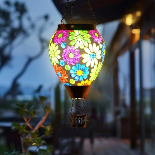 Starsoul Mosaic Flowers Hot Air Balloon Solar Lantern Glass Outdoor Hanging Hot Air Balloon Solar Flickering Flame Light Waterproof Garden Patio Yard Party Decorations Gifts for Women - Image 6