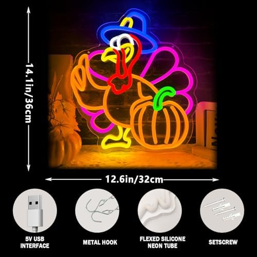 Pumpkin Turkey Neon Sign Dimmable Thanksgiving LED Neon Light Pumpkin Glowing Sign USB Powered Wall Hanging Decoration for Fall Neon Sign Thanksgiving Harvest Home Decor. - Image 5