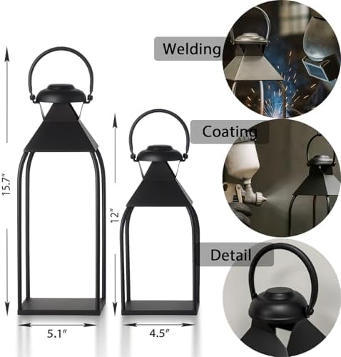 Decorative Metal Lanterns Indoor Outdoor, Candle Holder for Porch, Patio, Fireplace, Floor, Wedding, Christmas, Fall, Holiday, Farmhouse Table Centerpiece (Black, Set of 2 15.7" 12") - Image 6