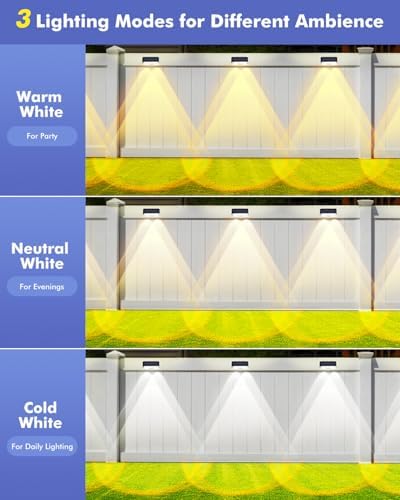 Solar Fence Lights Outdoor 8 Pack, IP65 Waterproof Fence Lights Solar Powered, 3 Modes(Warm/Neutral/Cool White) Solar Deck Light for Decor with Auto ON/OFF, LED Lens for Deck/Wall/Step/Patio/Backyard - Image 3