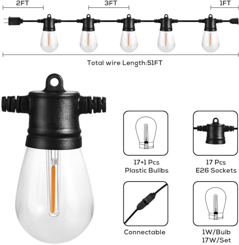 Banord 51FT Outdoor String Lights, Waterproof Patio Lights with 18 Bulbs - Image 2